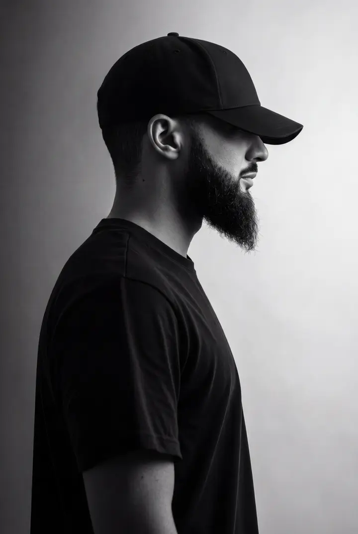 Mehdi Ouldsaad de profil, casquette noire, sur fond gris.